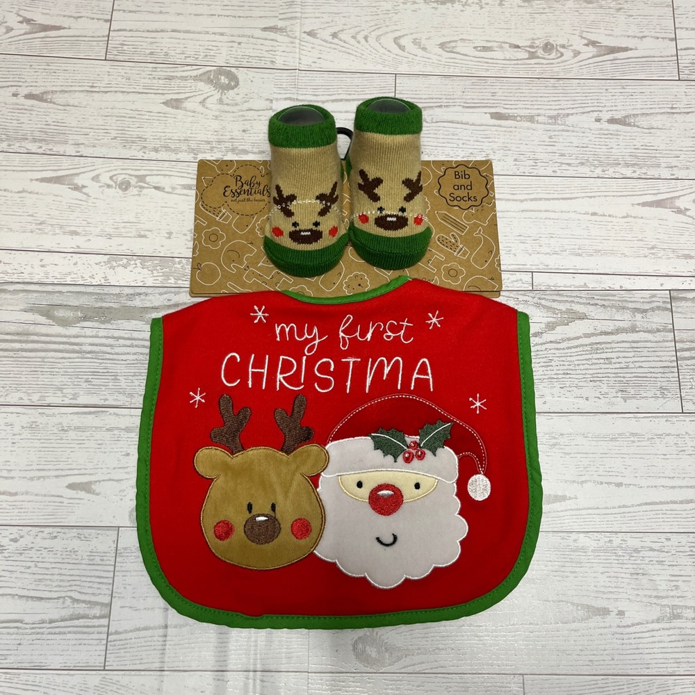Baby Essentials My First Christmas Bib and Socks Set Red Green Reindeer 0-6M NEW